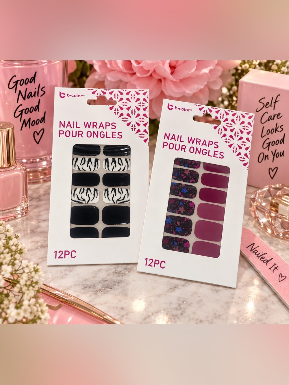 NWT b-color Nail Wraps 2-Pack – Black & White Zebra + Floral Mauve 12PC